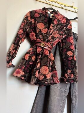 Vintage Quilted Velvet Floral Jacket | Dark Rose Print Romantic Statement Coat